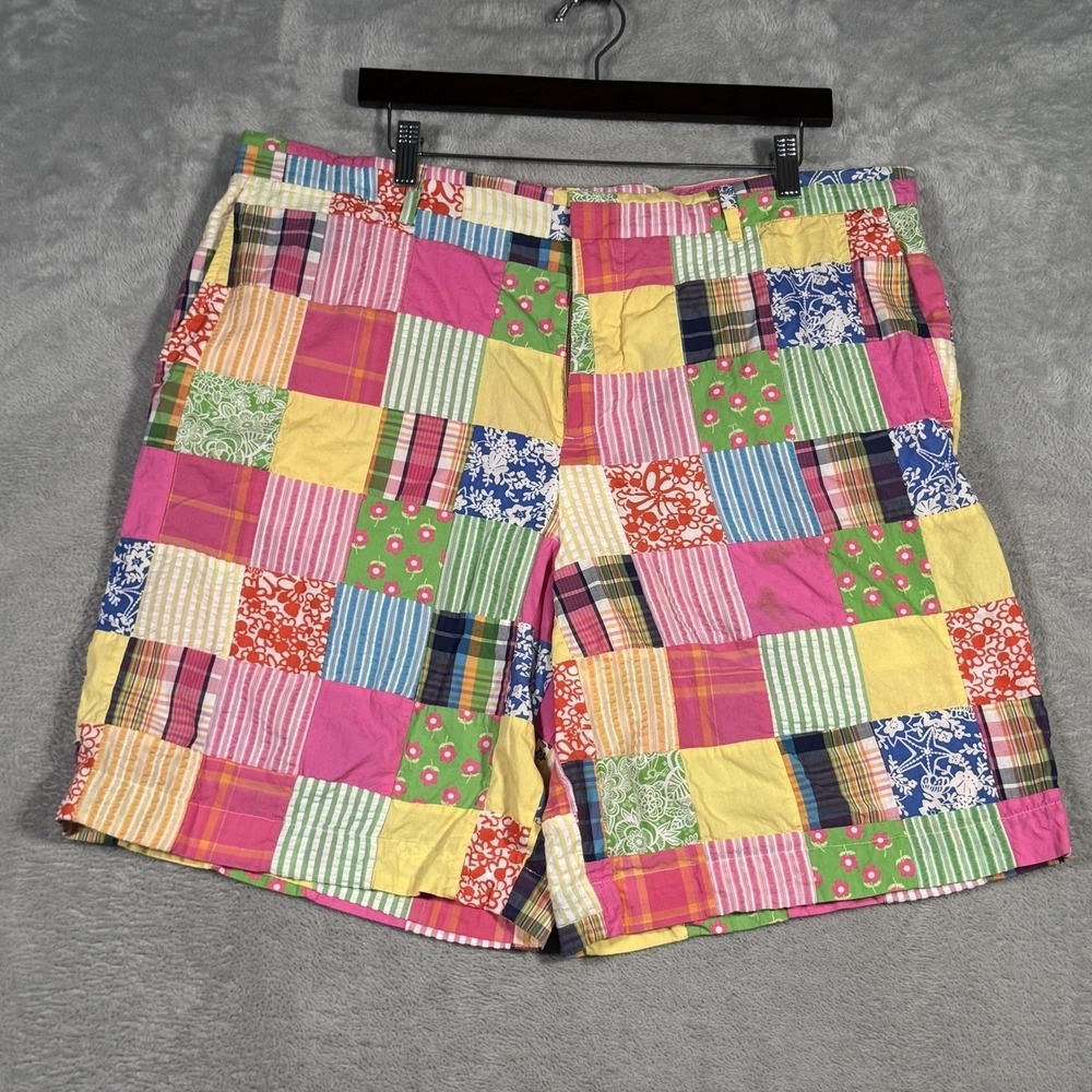 Lilly Pulitzer Shorts Mens 40 Pink Patchwork Madras Chino 9 Inch *FLAW